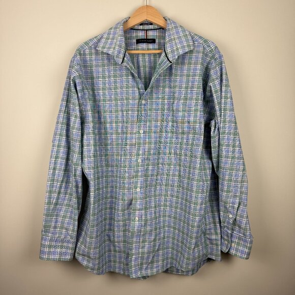 Tommy Hilfiger Men's Regular Fit THFlex Dress Shirt, Blue and Green, Size XL - Picture 1 of 8